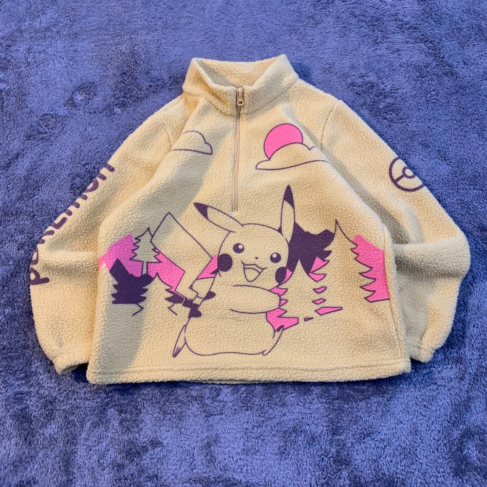 Pokemon Pikachu Kids Sherpa Fleece Quarter Zip Pullover Yellow Pink Rare Size L+